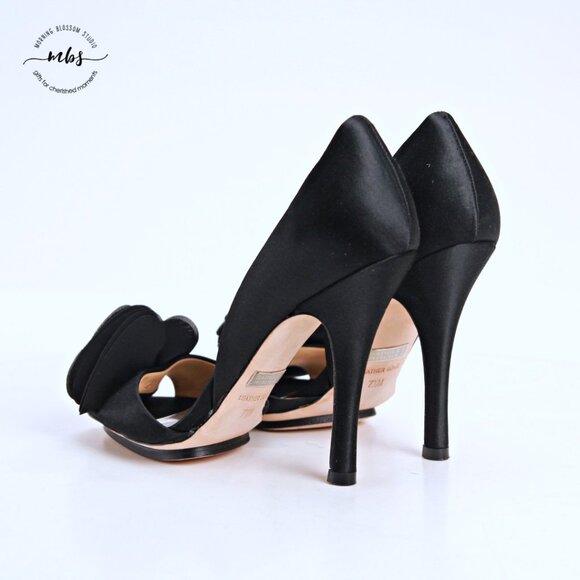 Badgley Mischka Satin Rosette Open Toe Stiletto Heels Black Women 7.5 - Picture 5 of 14